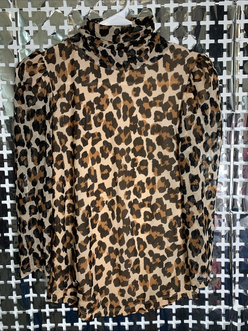 Leopard Print Mock Neck Mesh Long Sleeve Top - Tan/Black